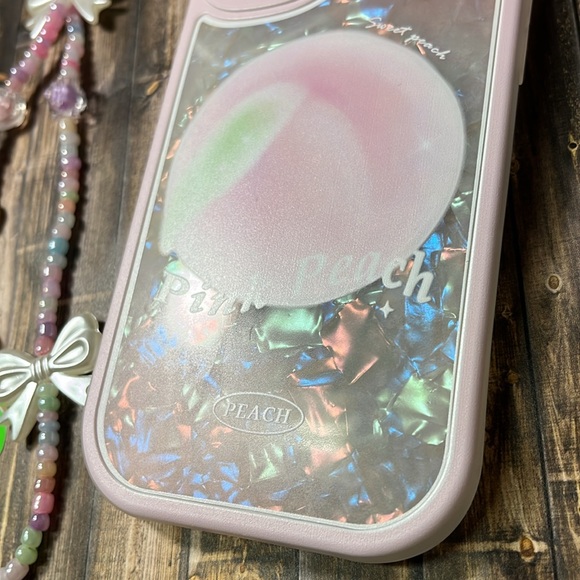 5for$10 Pink Peach Holographic Pink IPhone 12 Phone Case With Beaded Wristlet - Picture 2 of 6